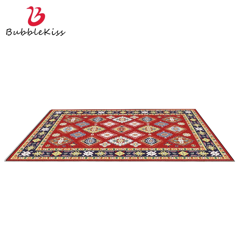 Bubble Kiss Ethnic Style Carpet for Living Room Red Flower Geometric Pattern Bedroom Rug Customized Bedside Decor Mat Delicate