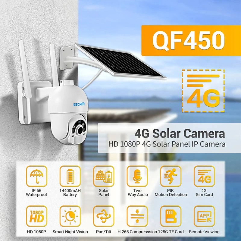 ESCAM QF450 1080P Cloud Storage 4G Battery PIR Alarm Dome IP Camera With Solar Panel Full Color Night Vision Two Way Audio IP66