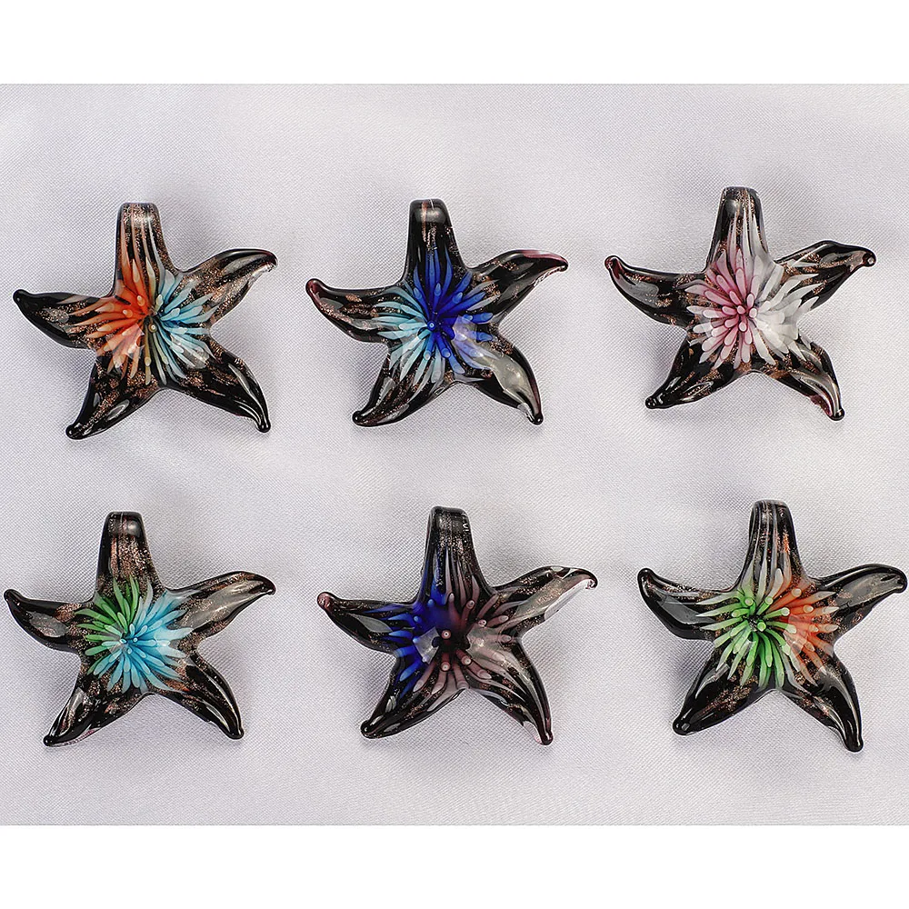 QIANBEI Wholesale 6pcs Handmade Murano Lampwork Glass Mixed Colorful Exquisite Starfish Pendants Charms Gift HOT