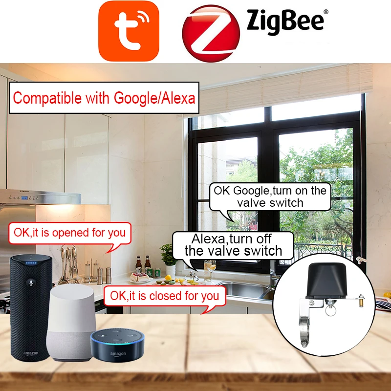 Tuya ZigBee Smart Wireless Control Gás Water Valve, Válvula de controle de automação residencial, Trabalhar com Alexa e Google Assistant