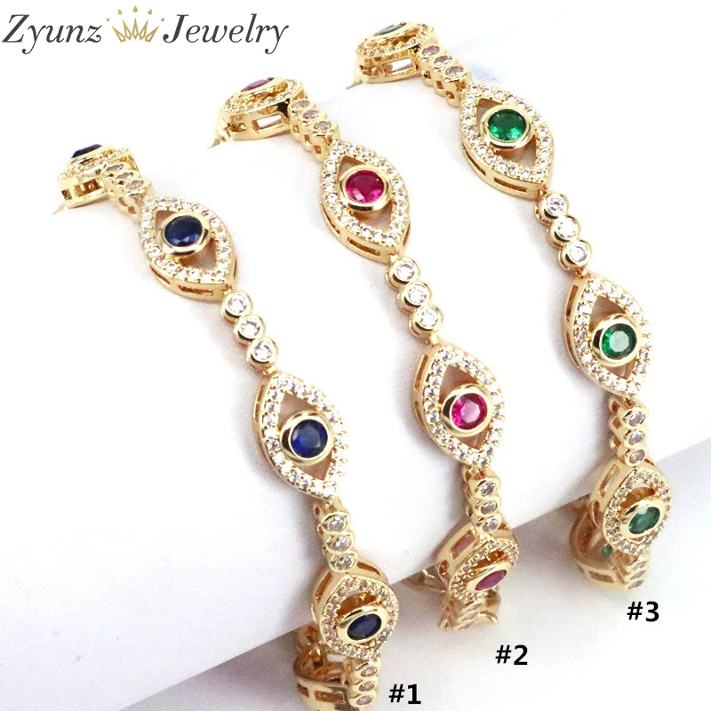 3PCS, Gold Color micro pave cz eye charm beads linked bracelet for girl women fashion jewelry