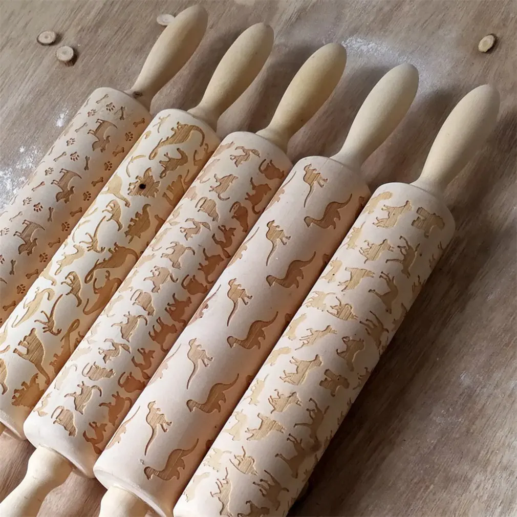 Christmas Wooden Rolling Pins Cats Engraved Embossing Rolling Pin with Christmas Symbols Kitchen Baking Tool