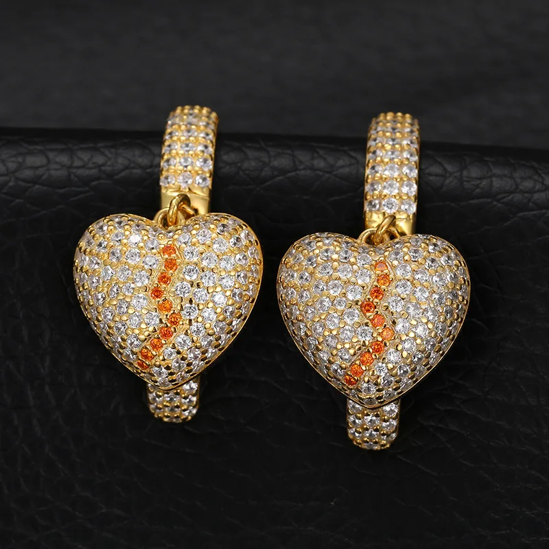 1Pair S925 Sterling Silver Broken Heart Shape Earrings Bling Ice Out Hip Hop CZ Earrings for Men Women Lover Rapper Jewelry