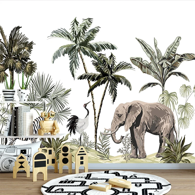 Custom 3D Jungle Mural Wallpaper Elephant Zebra Animals for Children Room 3d Leaf Wall paper Cartoon Living room Home Decor