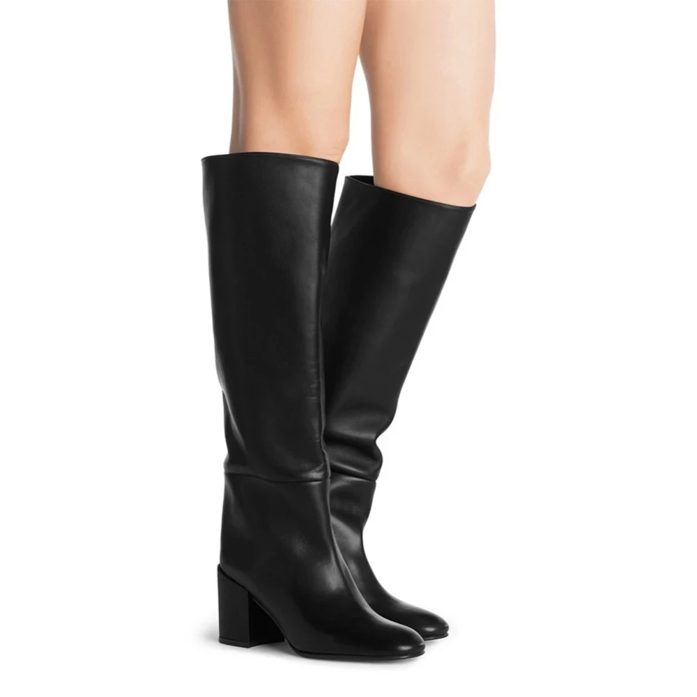 Round Toe Block Heel Knee High Boots for Women Black Mid Heel Slip on Tall Boots Ladies Chunky Winter Shoes 2024 Botas Pretas