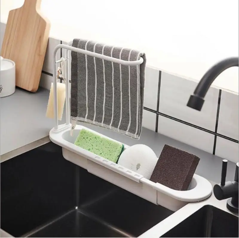 Kitchen Telescopic Sink Shelf Drainer Rack Storage Basket Soap Sponge Storage Towel Rack Bathroom Adjustable Sink Kitchen Tool