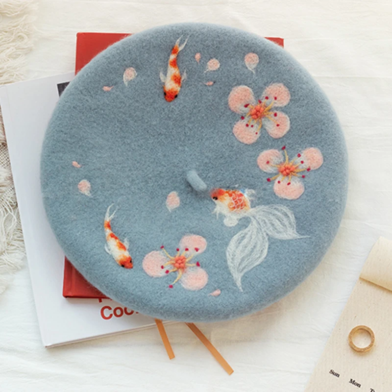 Faramita Holiday Sakura and Carp Wash Painting Style Women Beauty Wool Berets Kids Girls Painter Hats Handwork Headwear Beret