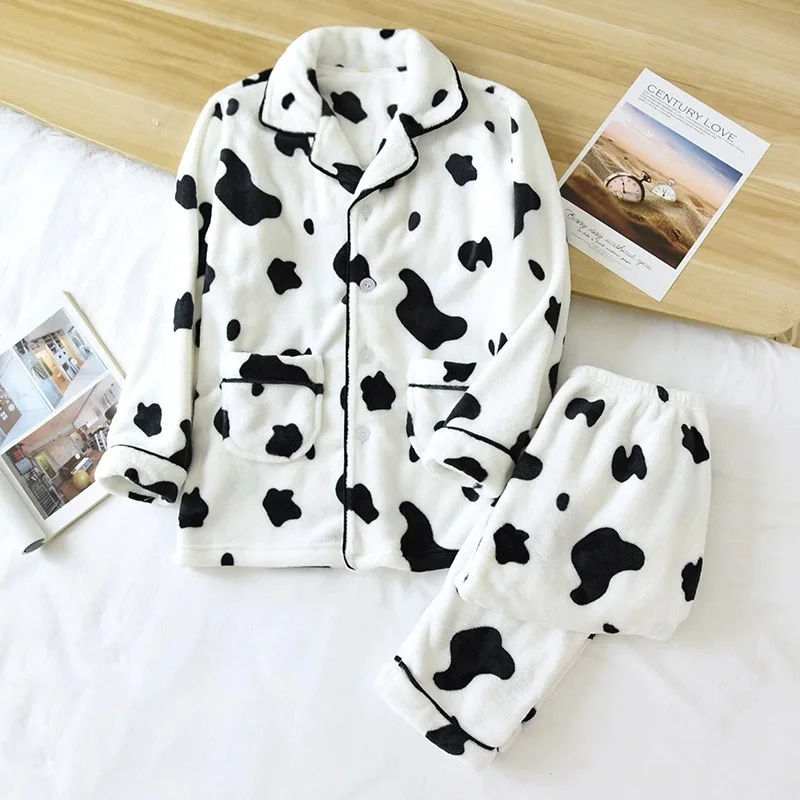 Women's Winter Warm Flannel Pajamas Set 2 PCS Button-Up Shirt And Pants Couple Sleepwear Casual Lounge Homewear