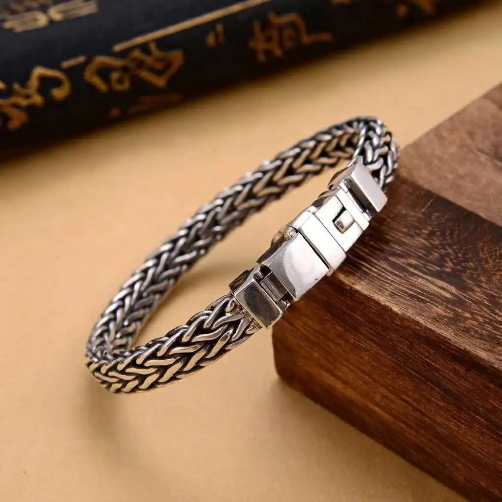 BOCAI New 100% S925 Silver Jewelry Man Bracelet Simple Fashion Domineering Six-Character Proverbs Handmade Woven