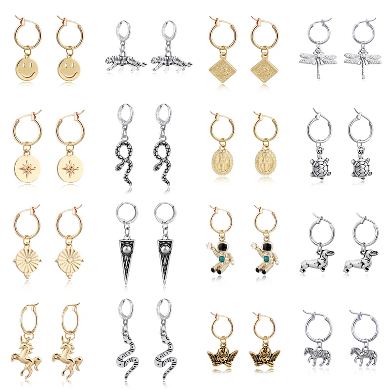 Pendientes de aro con forma de serpiente para mujer, aretes con forma de triángulo, estilo Punk, animal bonito, geométrico, unicornio, ancla, joyería pequeña, 1 par