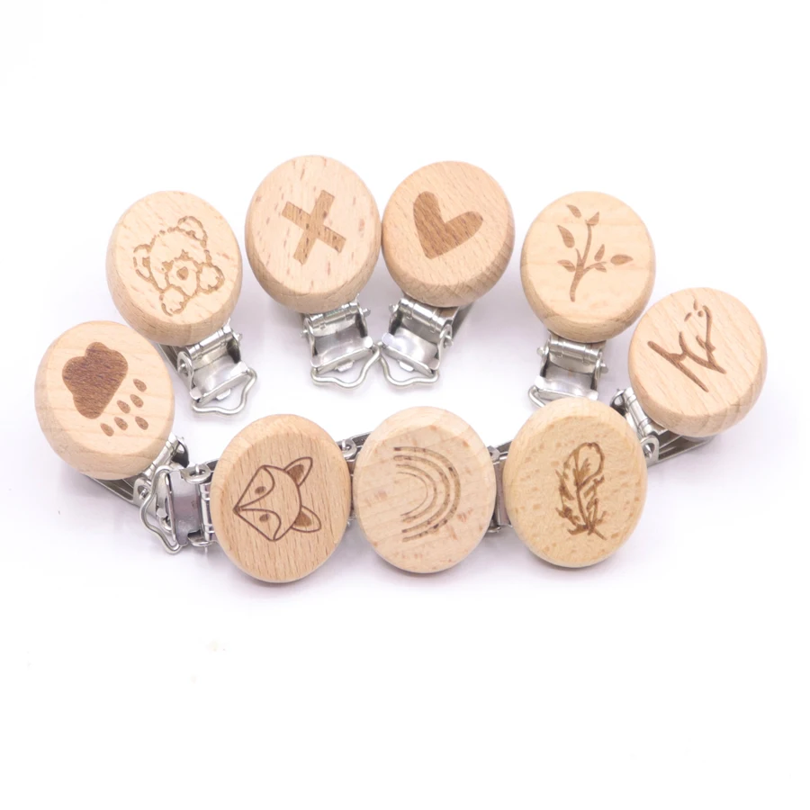 50 Pieces of Wooden Bear Flower Cloud Tree Heart-shaped Bird Like Round Star Clip BPA Free DIY Baby Natural Pacifier Chain Gift