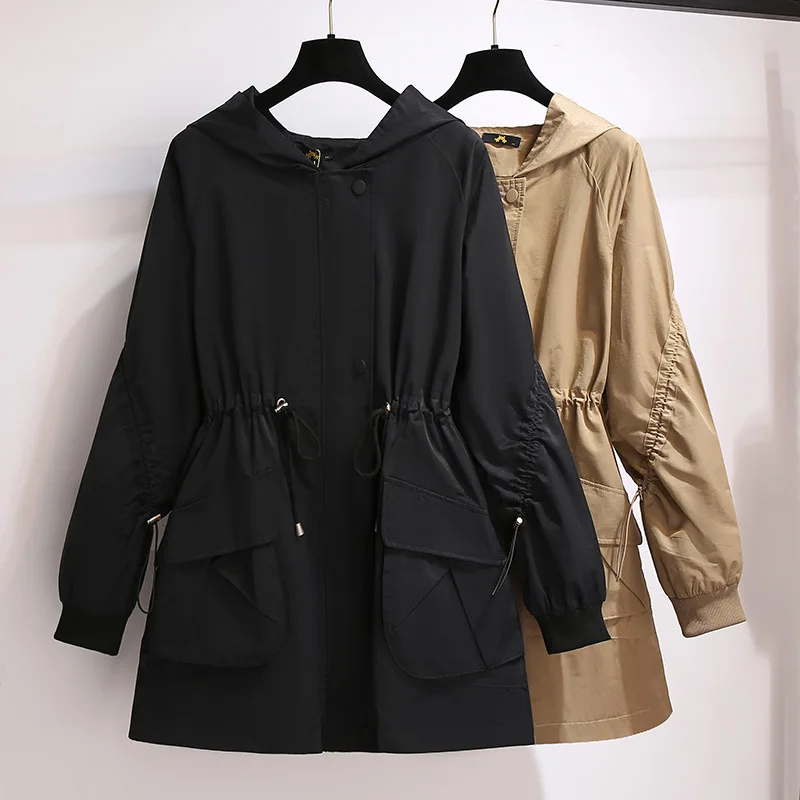 62689 Autumn Winter Women Hooded Trench Fashion Plus Size 2Xl-6Xl Loose Adjustable Waist Drawstring All-Match Casual Windbreaker