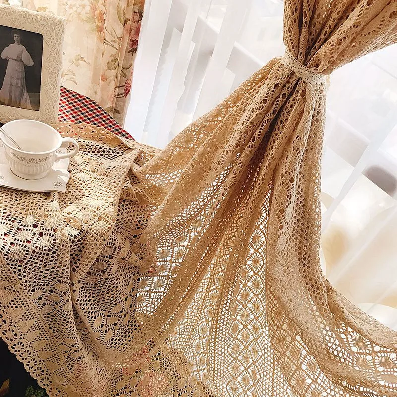 

Nordic American hollow out crochet cotton thread lace weaving partition cortinas bedroom pastoral window curtain living room LQ