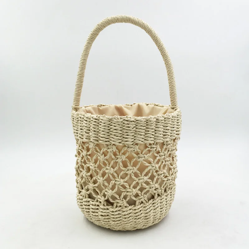 Hollow Women Handbag Summer Woven Bucket Beach Bag Handmade Female Straw Bags Bohemian Tote Knitting Top-handle Mesh Bag Basket