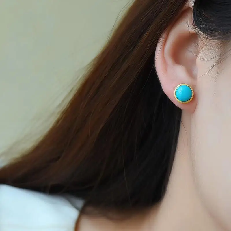 Original New Silver Inlaid Turquoise Round Earrings retro cool charm sand gold craft light luxury women\'s brand jewelry