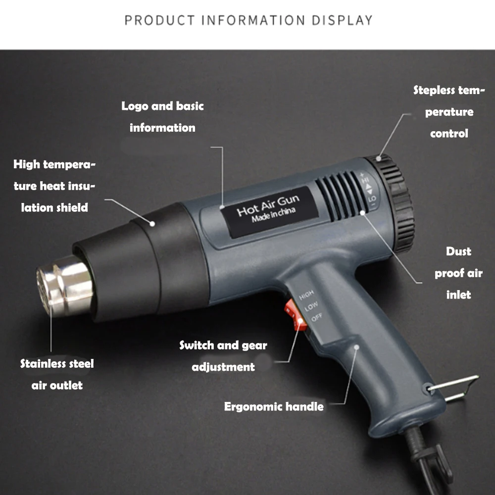 ROLKETU 2000W 220V EU/US/UK PLUG Electric Hot Air Gun Thermoregulator Heat Guns LCD Display Shrink Wrapping Thermal Power Tool