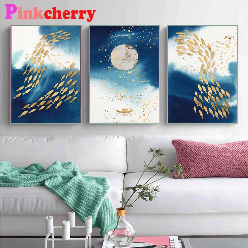 5d Diamond Painting Wall Art Modern Abstract Golden Fish Nordic Room Decoration Diamond Embroidery Mosaic 3Pcs/Set