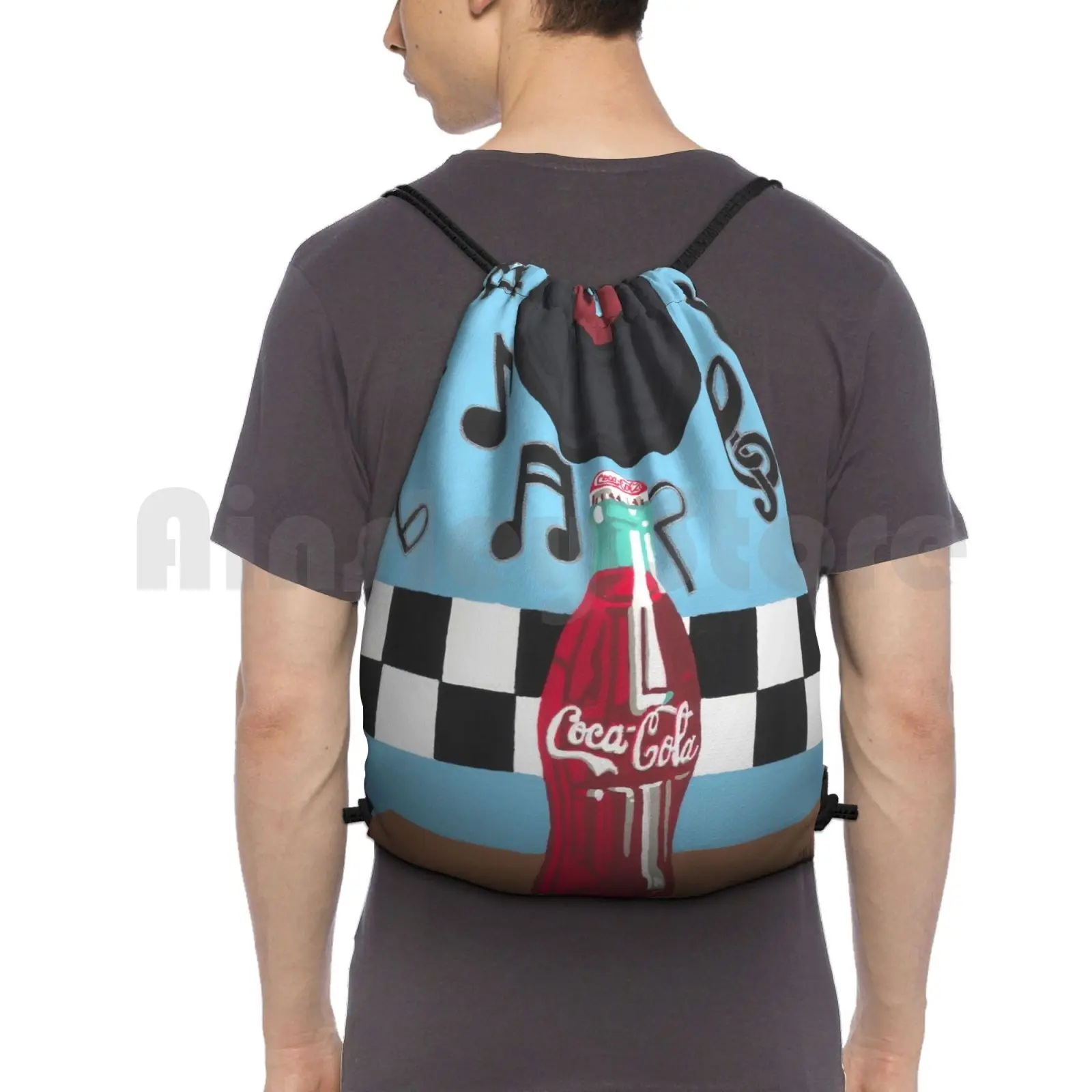 Retro Diner Theme Backpack Drawstring Bag Riding Climbing Gym Bag Diner 50s Fifties Retro Vintage Soda Pop And Roll Music