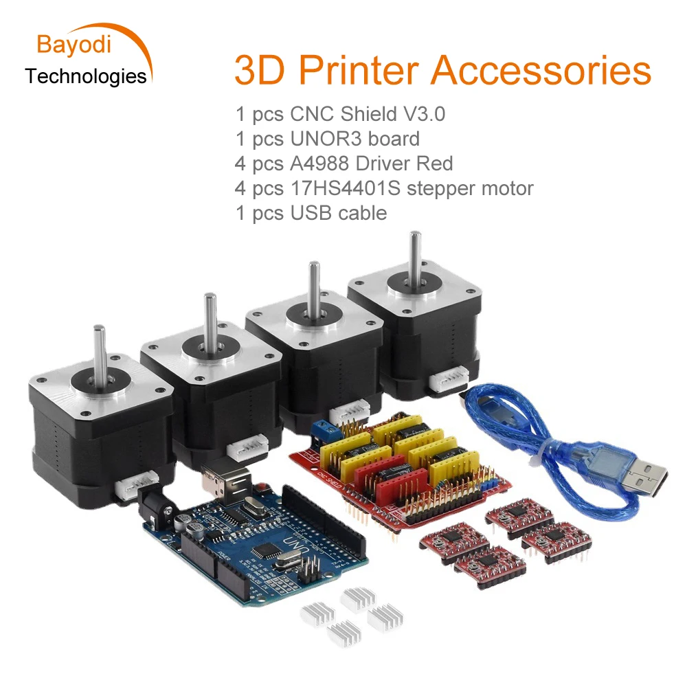 3D Printer Parts CNC Shield V3.0 UNOR3 Board A4988 Driver Red 17HS4401S Stepper Motors USB Cable CNC Kit