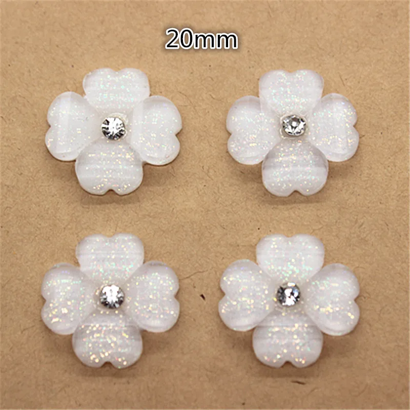 20pcs Shiny Resin Flower Clover with Clear Rhinestone Flatback Cabochon DIY Craft,20mm