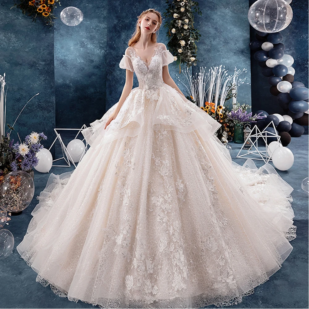 Vestidos De Novia Ball Gown Wedding Dress V-Neck Vintage Robe De Soiree De Mariage Hand Made Flowers Abito Da Sposa Brautkleid