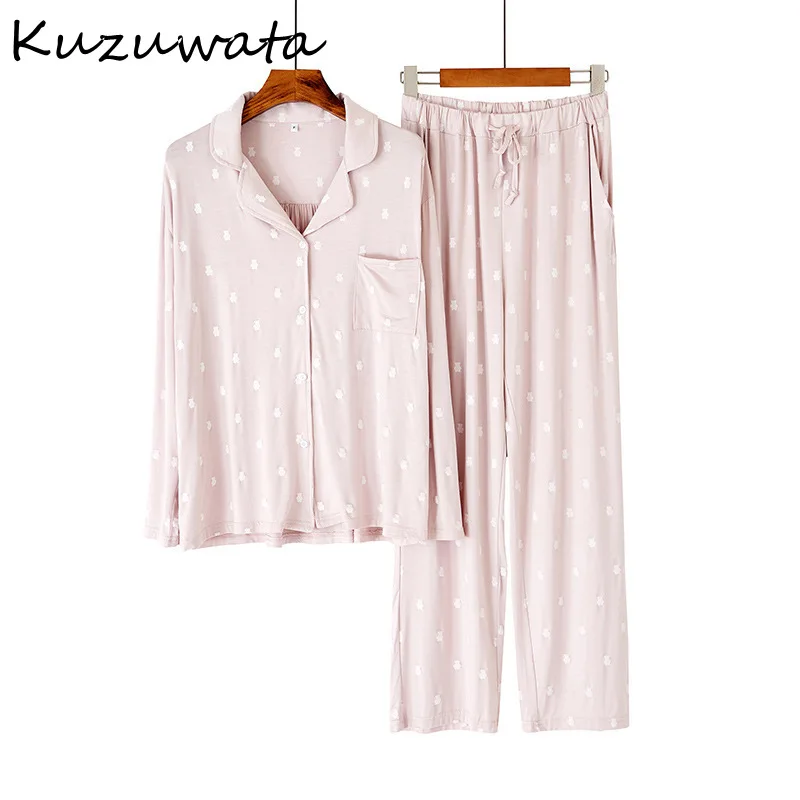 Kuzuwata 2024 Spring Autumn Women Pajamas Cute Bear Printed Loose Soft Nightwear Lapel Long Sleeved Pocket Pants Home Wear Suits