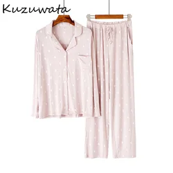 Kuzuwata 2024 Spring Autumn Women Pajamas Cute Bear Printed Loose Soft Nightwear Lapel Long Sleeved Pocket Pants Home Wear Suits