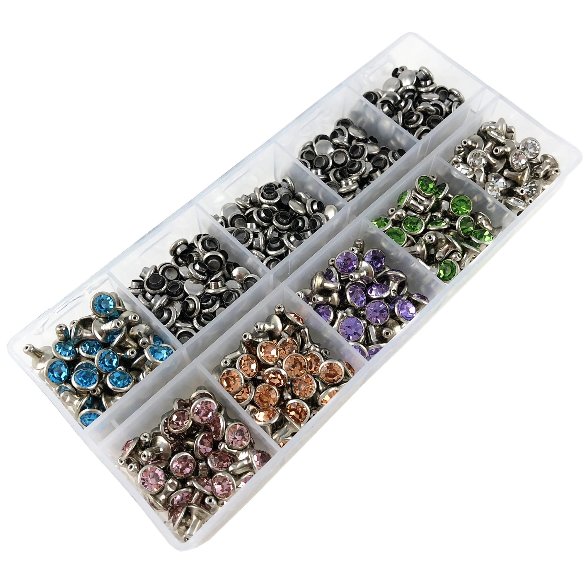 YORANYO 360 Sets 6MM CZ++ Crystal Rivets Silver Plated Mixed Color Spots Studs Double Cap Punk Spikes for Leather-Crafting