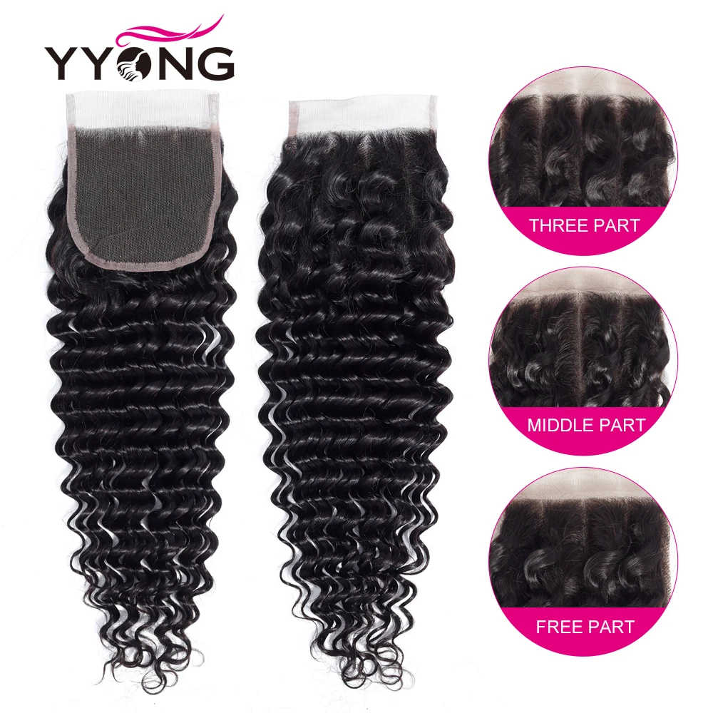 Yyong Brazilian Deep Wave Lace Closure 4x4 Swiss Lace Free Middle Three Part Remy Human Hair Natural Color 8-22 inches