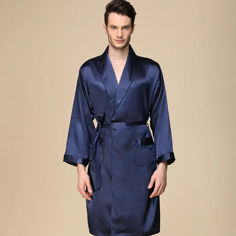 2022ใหม่ผู้ชายสีดำชุดนอน Faux Silk ชุดนอนสำหรับผู้ชาย Comfort Silky เสื้อคลุมอาบน้ำ Noble Dressing Gown ผู้ชาย Sleep เสื้อคลุม