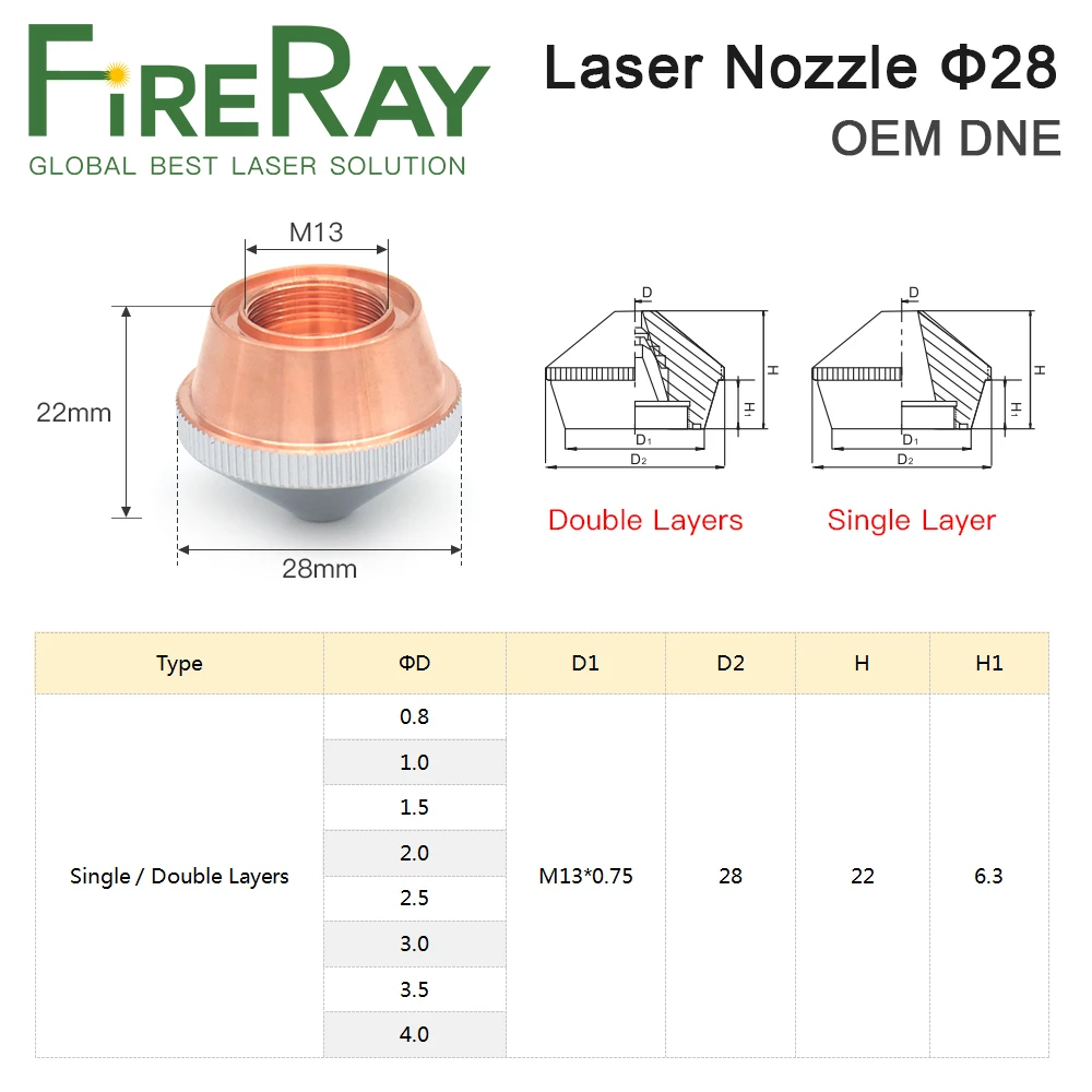 FireRay DNE Loại Laser Đầu Phun 1 Lớp Hai Lớp Mạ Chrome Dia.28 H22 M14 Cho DNE Sợi Laser cắt