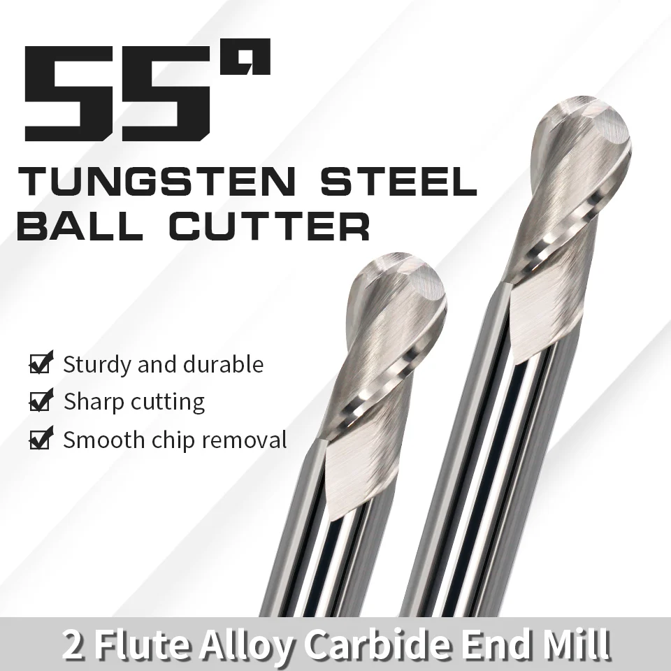 Augusttools HRC55 Ball Nose End Mills Carbide Tungsten Steel Milling Cutter For Aluminum PVC CNC Machine Tools Router Bit