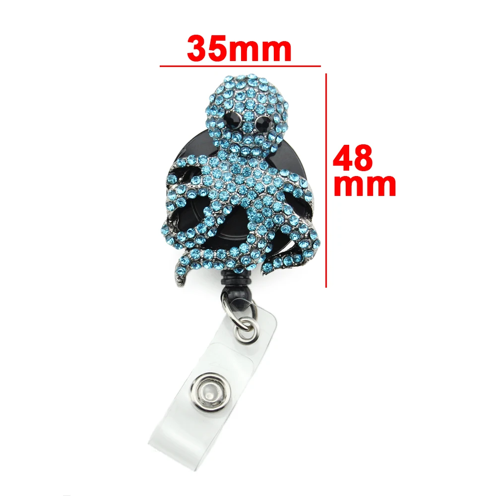 100pcs/lot Bling Rhinestone Octopus Pattern Blossom Decorated Retractable Badge Reel ID Holder with Clip