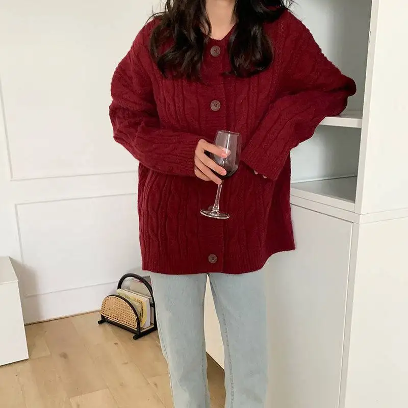 New Wine Red Cardigan Sweater Korean Vintage Fried Dough Knitting Single Breasted Style Black O-Neck Loose Sweater Coat