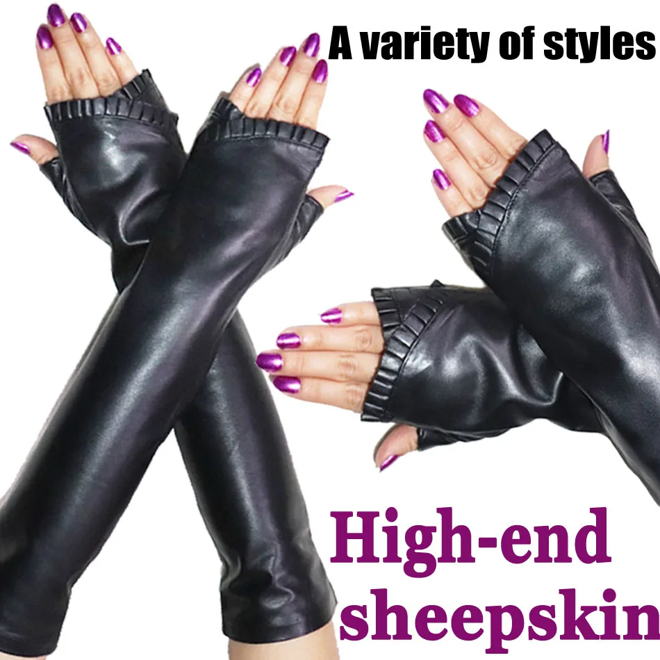 Leather Gloves Female Sheepskin Long Winter Warm Arm Protection Fingerless Long Half Finger Gloves Wrist Elbow Leather Sleeves