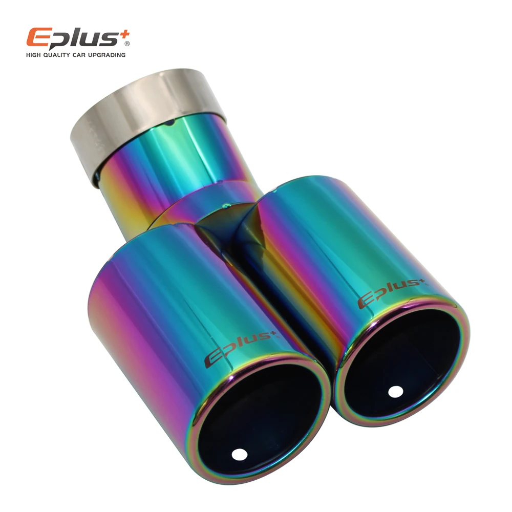 Eplus Car Styling Mufflers Exhaust Tail Throat Pipe Tip Flat Universal Bend  Stainless Steel Multi-size Dual Outlet Muffler 63MM