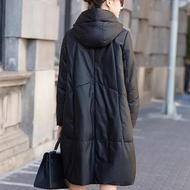 Jaqueta de couro solta feminina, casaco de pele de carneiro com capuz, casaco casual, comprimento médio, casaco de couro genuíno, outono, inverno