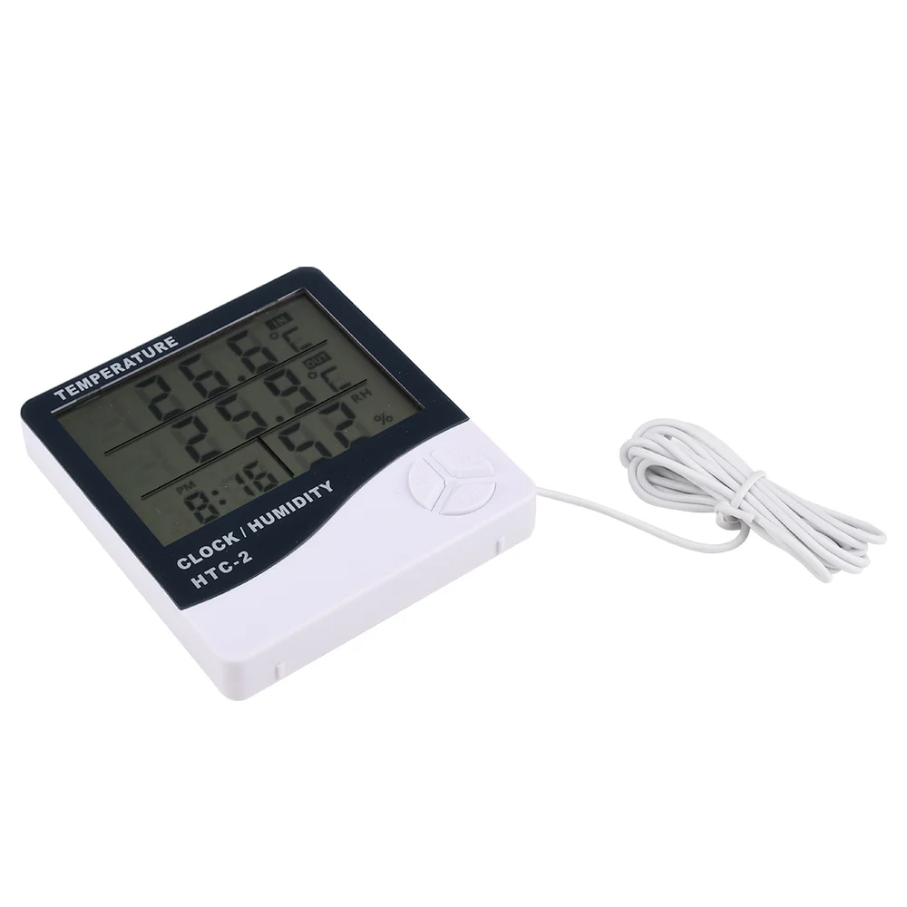 HTC-2 Digital Thermometer Hygrometer Weather Station Temperature Humidity Meter Clock Wall Indoor Outdoor Sensor Probe LCD