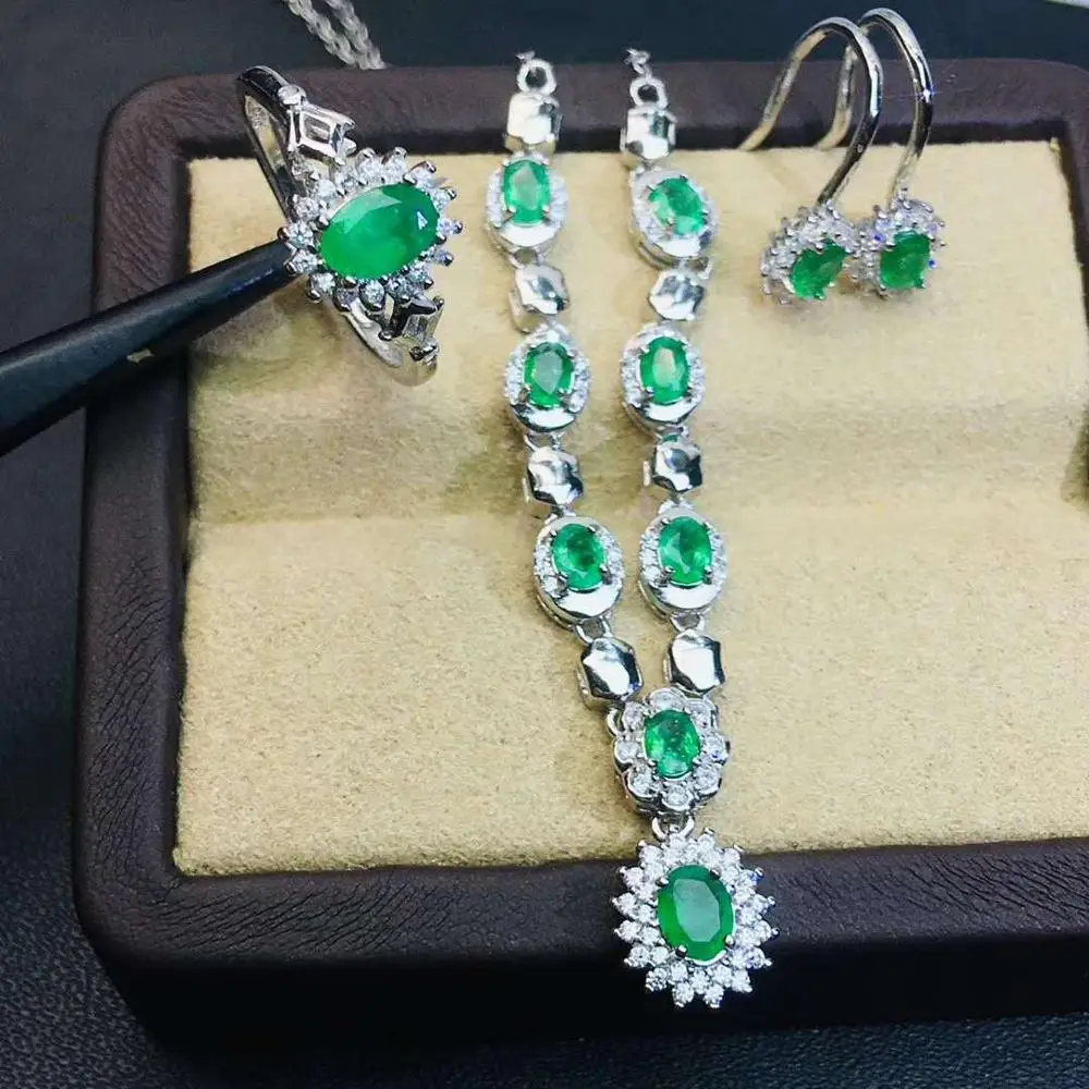 

Real Natural Emerald jewelry set Natural Real Emerald 925 sterling silver 1pc pendant,1pc ring,2pcs Earring