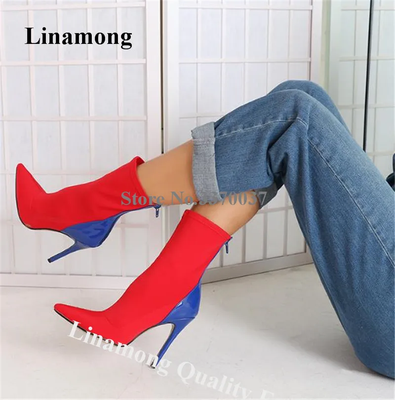 

Linamong Fashion Pointed Toe Patchwork Stiletto Heel Short Boots Red Blue Mixed Colors High Heel Ankle Booties Dress Heels