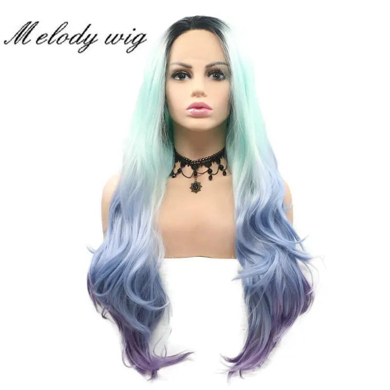 

Melody Synthetic Lace Front Wigs Dark Roots Ombre Light Green Verdancy Pale Blue Lavender Purple Long Natural Wave for Women