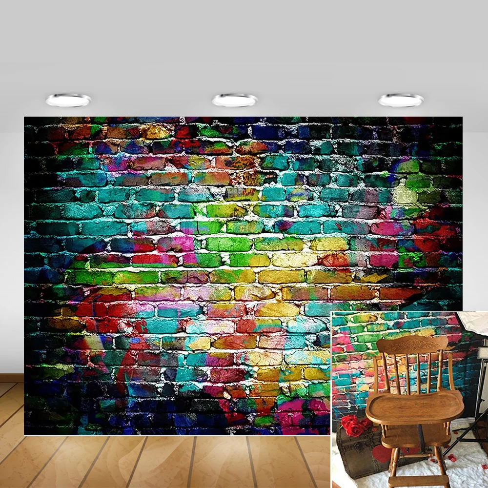 

Colorful Graffiti Brick Wall Photography Backdrop Photo Shoot Rainbow Hip Hop Rock Music Show Background Decoration Photocall