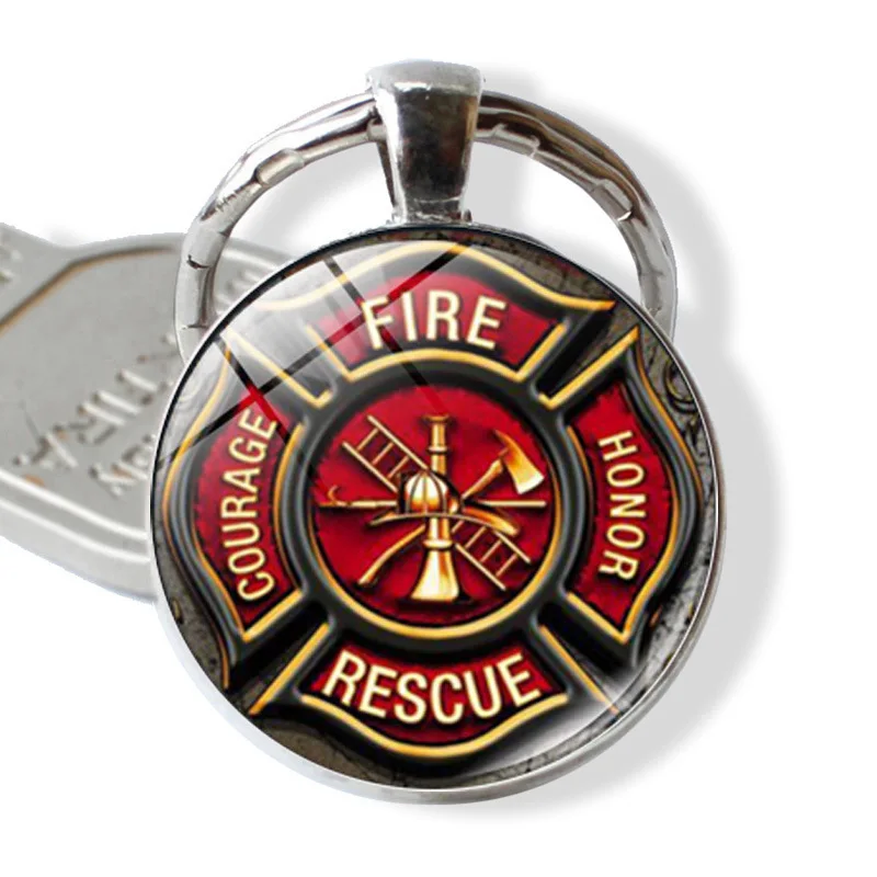 FIMAODZ Firefighter Keychain 25mm Glass Cabochon Fire Fighter Print Alloy Keyring Key Holder