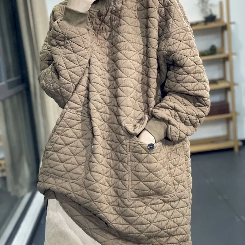 Winter Pullover Women Original Art Japanese Patch Pockets Loose Casual Fashion Pullovers Solid Color Long Diamond Quilted Dress