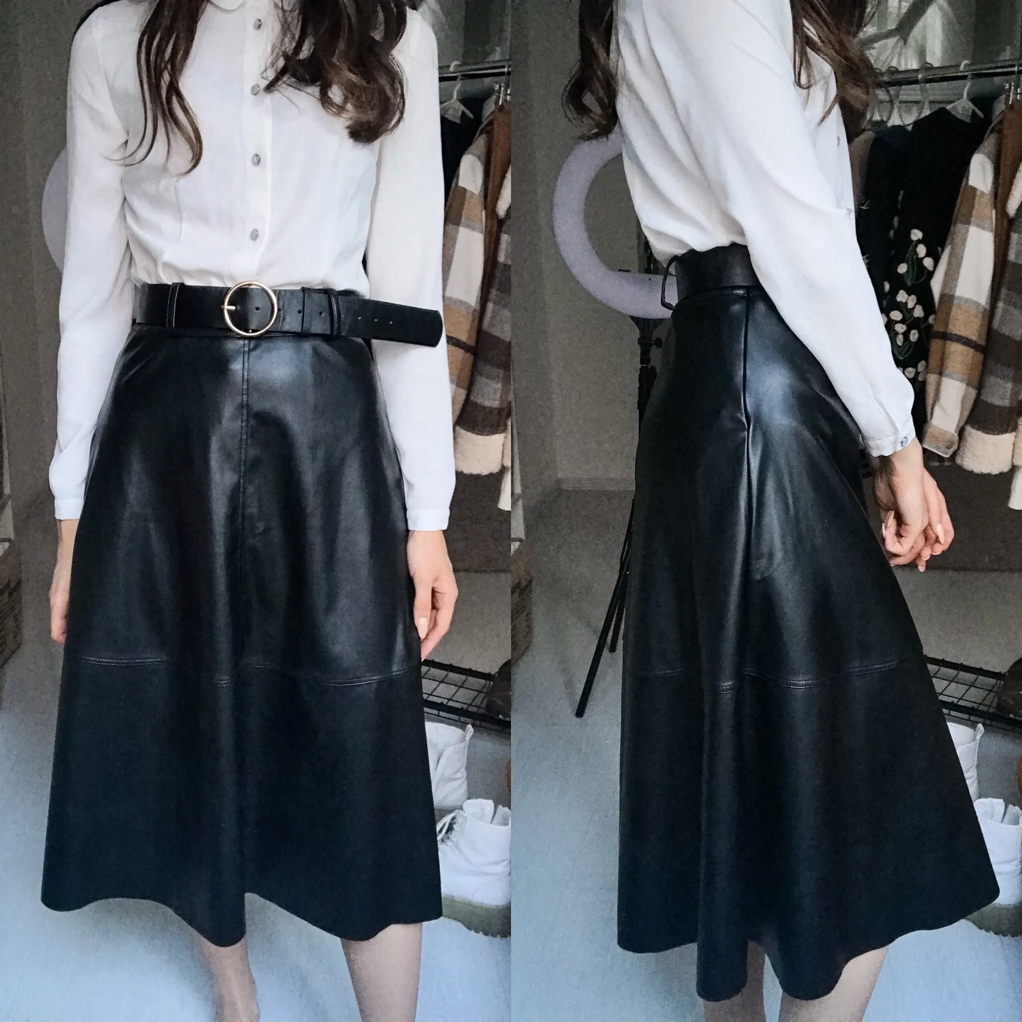 2021 New Women PU Faux Leather Long Skirt with Belt High Waist Vintage A-line Skirt Chic Mid-calf Umbrella Skirts Spring Autumn