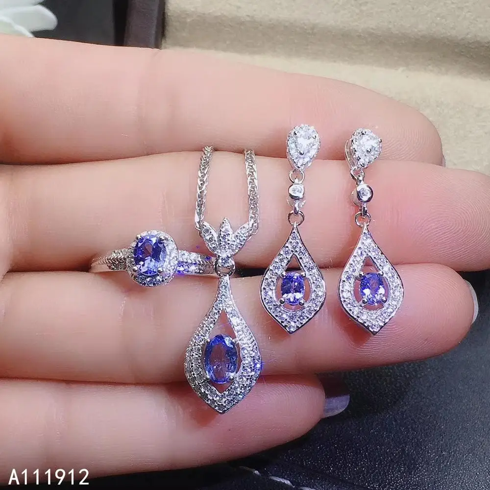 

KJJEAXCMY fine jewelry 925 Sterling Silver Natural Tanzanite Girl Ring Pendant Earring Necklace 3 Piece Set Gift Birthday Party