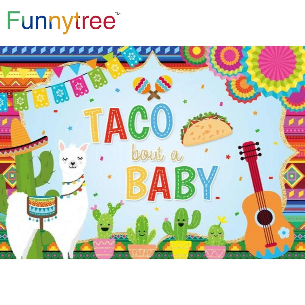 Funnytree Taco Mexico Fiesta Baby Shower Kids Birthday Party Backdrop Guitar Colourful Dots Banner Cactus Alpaca Background