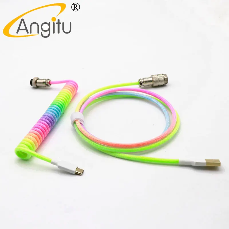 

Angitu Handmake Rainbow Coiled Mechanical Keyboard Type C Coil Cable Spiral USB-Type C Data Cable With GX16 Aviator