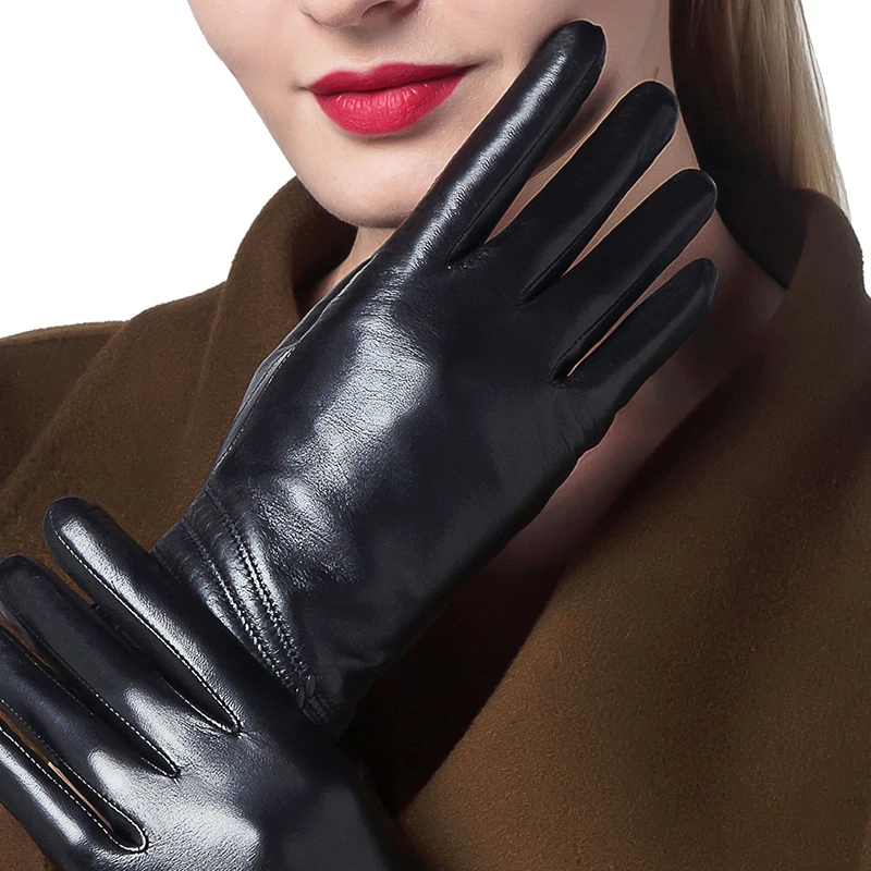 Real Leather Gloves Female Autumn Winter Plus Velvet Thicken Driving Sheepskin Thermal Women Gloves Genuine Leather 1251