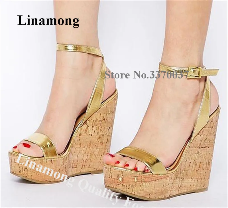 

Linamong Elegant One Strap High Platform Wedge Sandals Summer Gold Leather Ankle Strap Height Increased Wedges Dress Heels